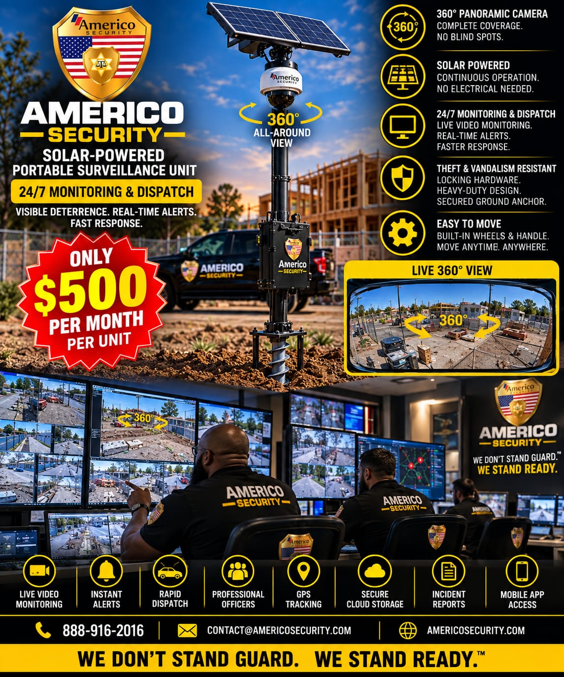Americo Security Solar-Powered Portable Surveillance Unit - 360° Camera